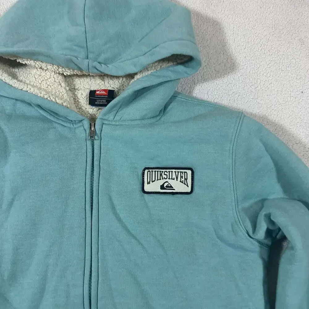 Quiksilver Sherpa Lined Full Zip Hoodie Light Blue Surf Skate Jacket Youth L